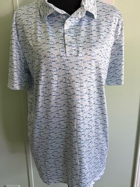 Laguna Swim Men's Short Sleeve Polo Shirt - White with Blue Fish Print Size S